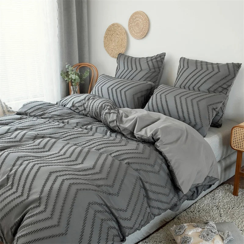 Afralia™ Colorful Stripe Flower Cut Bed Set - Full Queen King Size Duvet Cover with Pillowcases