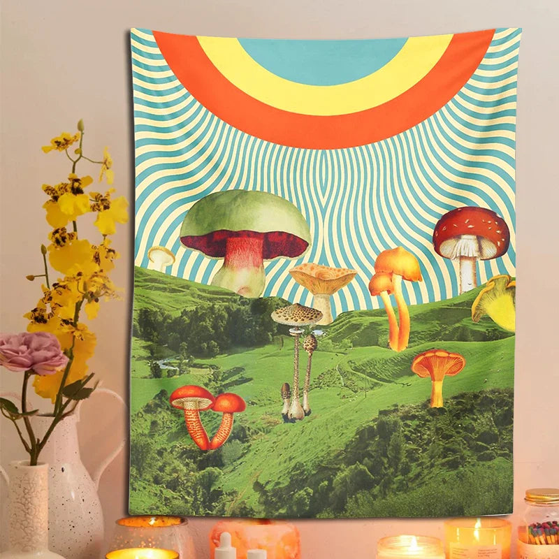 Psychedelic Mushroom Mountain Tapestry by Afralia™ - Hippie Bohemian Wall Decor