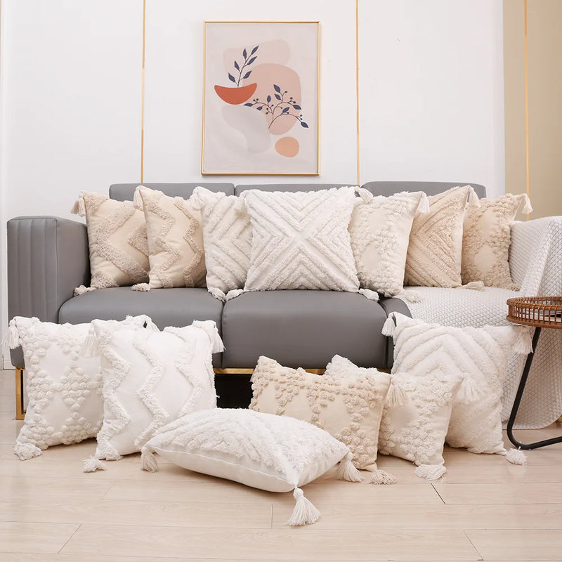 Afralia™ White Diamond Cushion Cover with Tassel Corners - Decorative Throw Pillow Cover