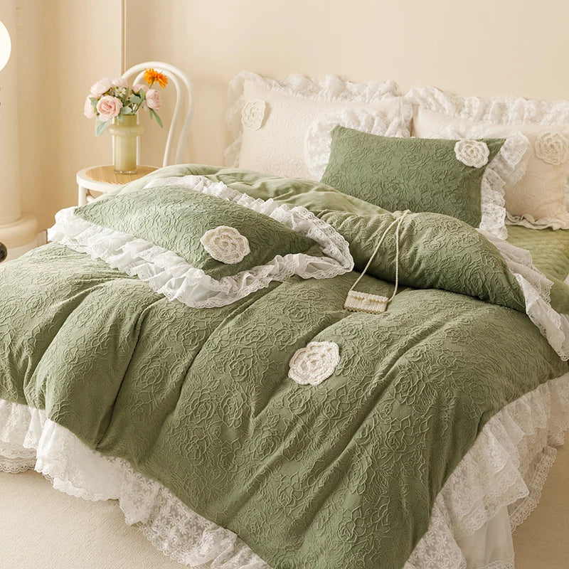 Afralia™ Luxe Carved Velvet Lace Ruffles Bedding Set with Quilted Bed Skirt