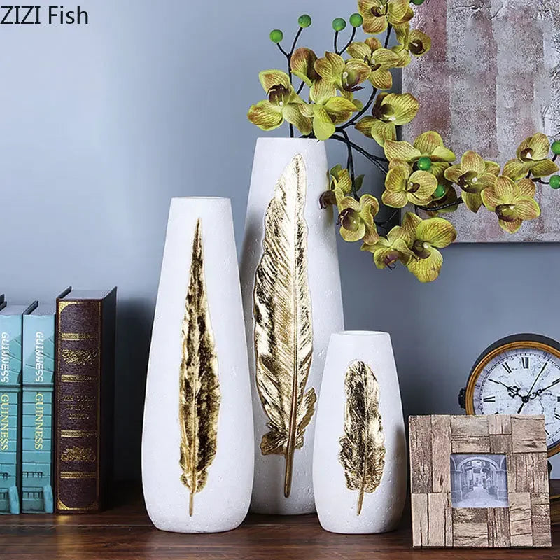 Afralia™ Gold Feather Vase & Artificial Flowers Set - Modern Home Decor