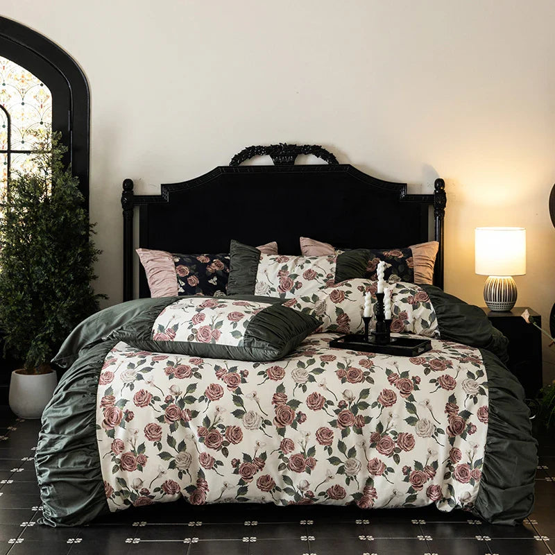 Afralia™ Vintage Rose Print Ruffles Bedding Set: 800TC Egyptian Cotton, Duvet Cover, Sheet, Pillowcases