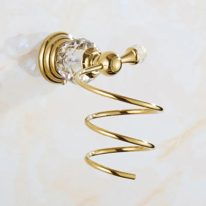 Afralia™ Brass and Crystal Bathroom Accessories Set: Shelf, Robe Hook, Paper Holder, Brush Holder