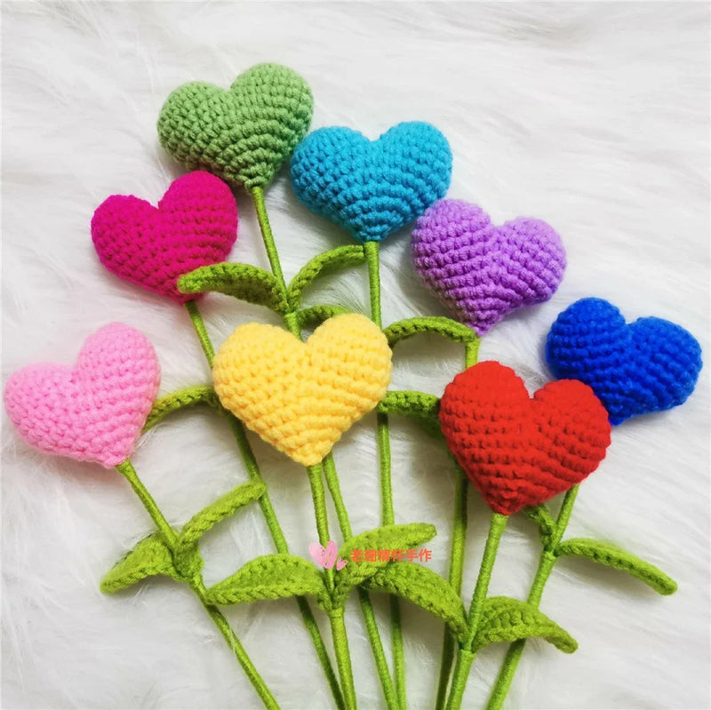 Afralia™ Hand Woven Love Heart Yarn Crochet Flower Bouquet with Green Leafy Branch