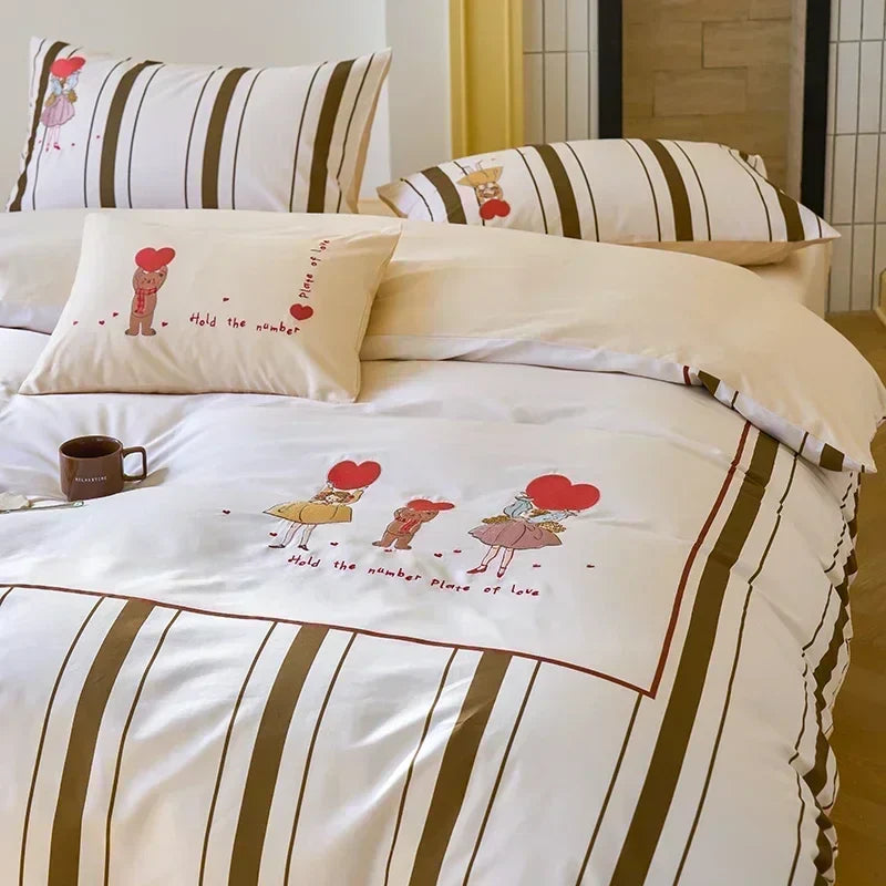 Afralia™ Luxury Embroidered Cotton Duvet Set with Sheet Quilt Pillowcases - Premium Bedding