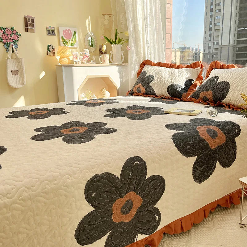 Afralia™ Quilted Ruffles Queen Bedding Set with Pillowcases, 3-Piece Korea Style