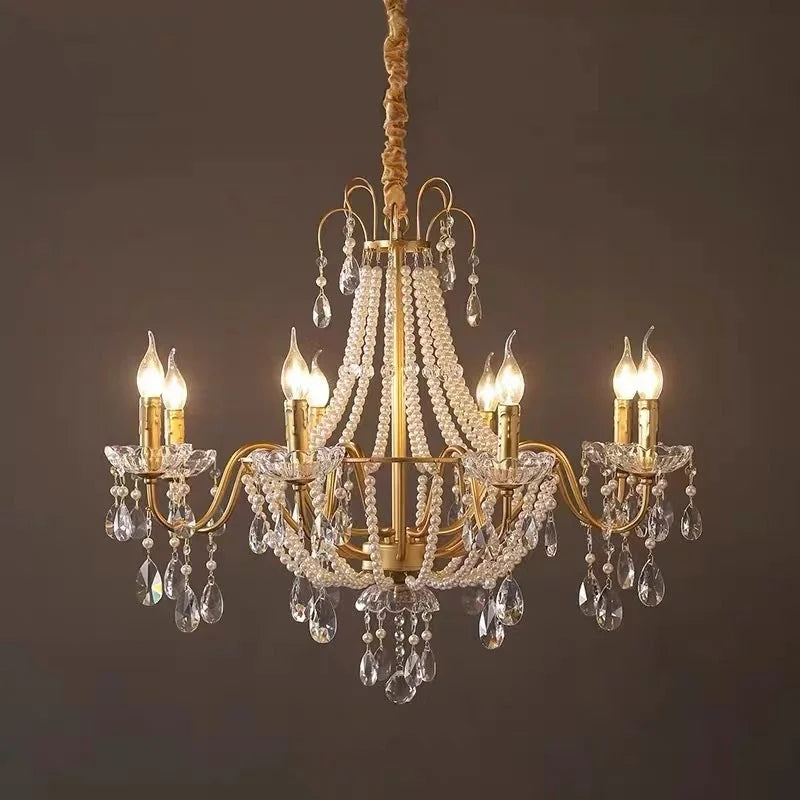 Afralia™ Gold Crystal Pearl Chandelier LED Pendant Lights Luxe Living Room Decor
