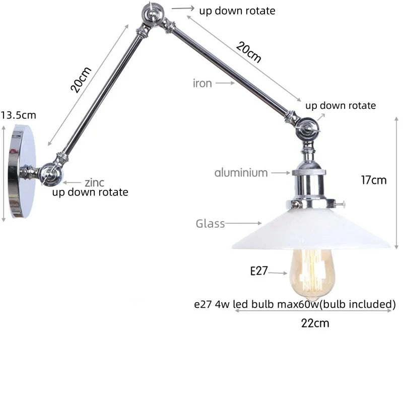 Afralia™ Industrial Loft Swing Arm LED Wall Sconce Glass Vintage Mirror Light