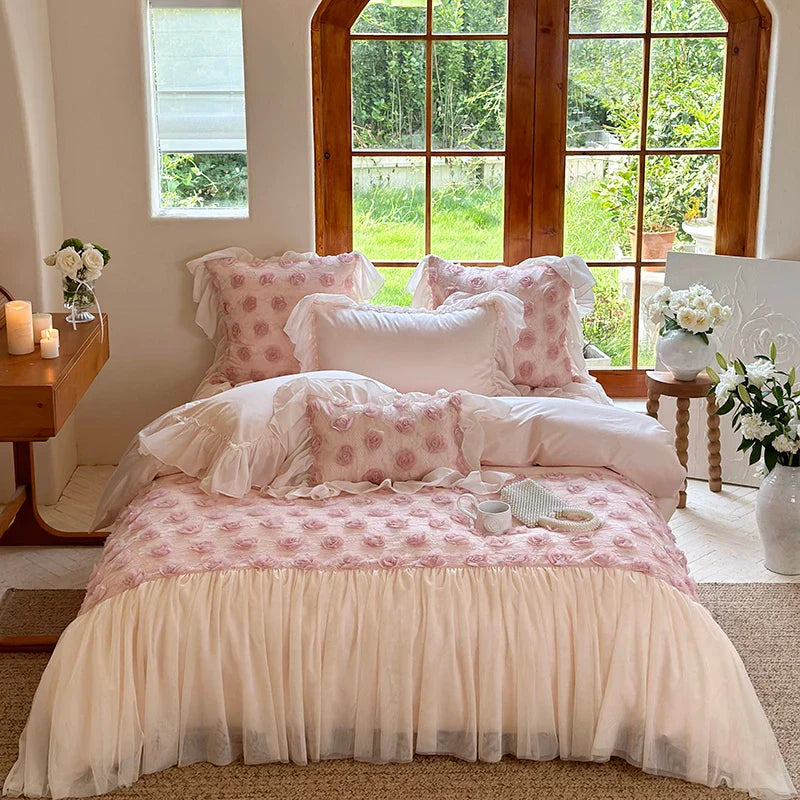 Afralia™ Pink Rose Flowers Lace Ruffles Princess Wedding Bedding Set