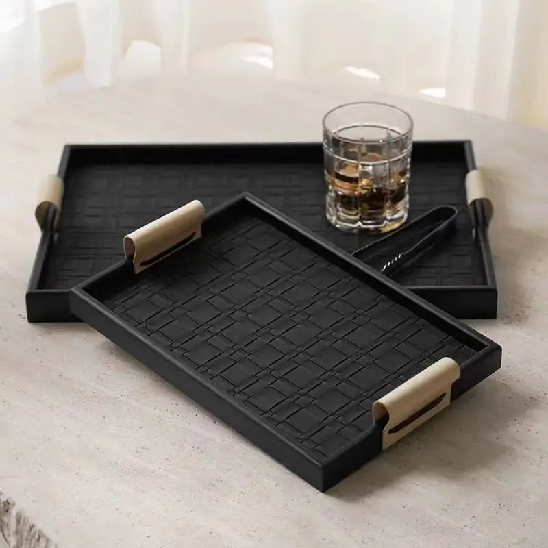 Afralia™ Woven Leather Storage Tray with Handle - Handmade Rectangle Jewelry & Dessert Display