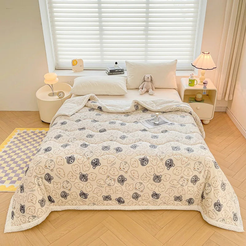 Afralia™ Cartoon Print Three-Layer Velvet Blanket for Cozy Winter Bedding