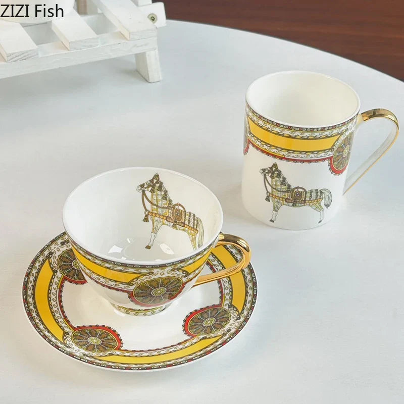 Afralia™ Bone Porcelain Coffee Mug Cup Saucer Set for Dining Table Tea Fruits Juice
