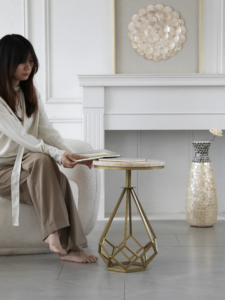 Afralia™ Travertine Side Table with Metal Base, Vintage End Table for Small Spaces