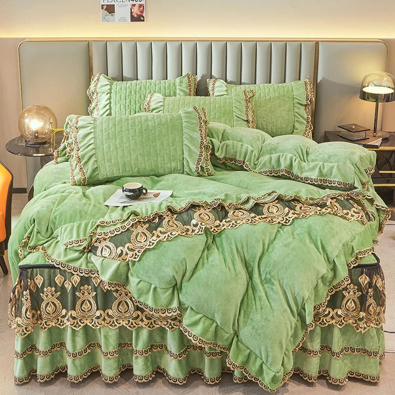 Afralia™ Velvet Bedding Set with Gold Lace Ruffles, Removable Bed Skirt & Pillowcase