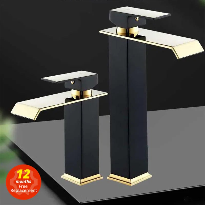 Afralia™ Waterfall Brass Basin Faucet Gold/Black Bathroom Mixer Tap Hot Cold Sink