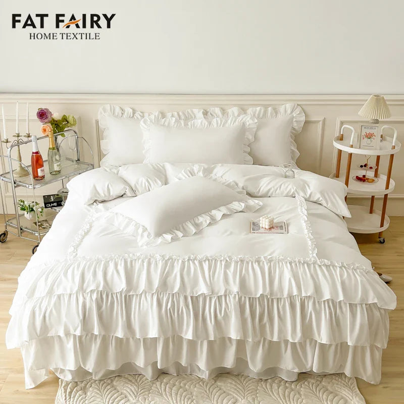 Afralia™ Lace Ruffle Princess Bedding Set with Bed Skirt & Pillowcases