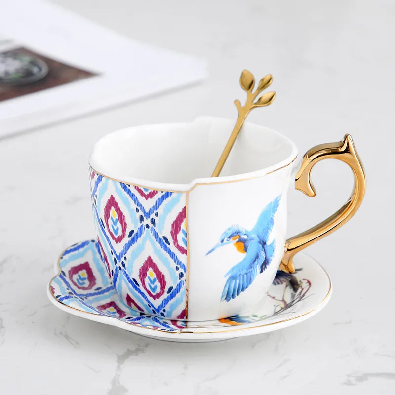 Afralia™ Flowers Bird Pattern Ceramic Tea & Coffee Mug Saucer Set Dining Table Cup
