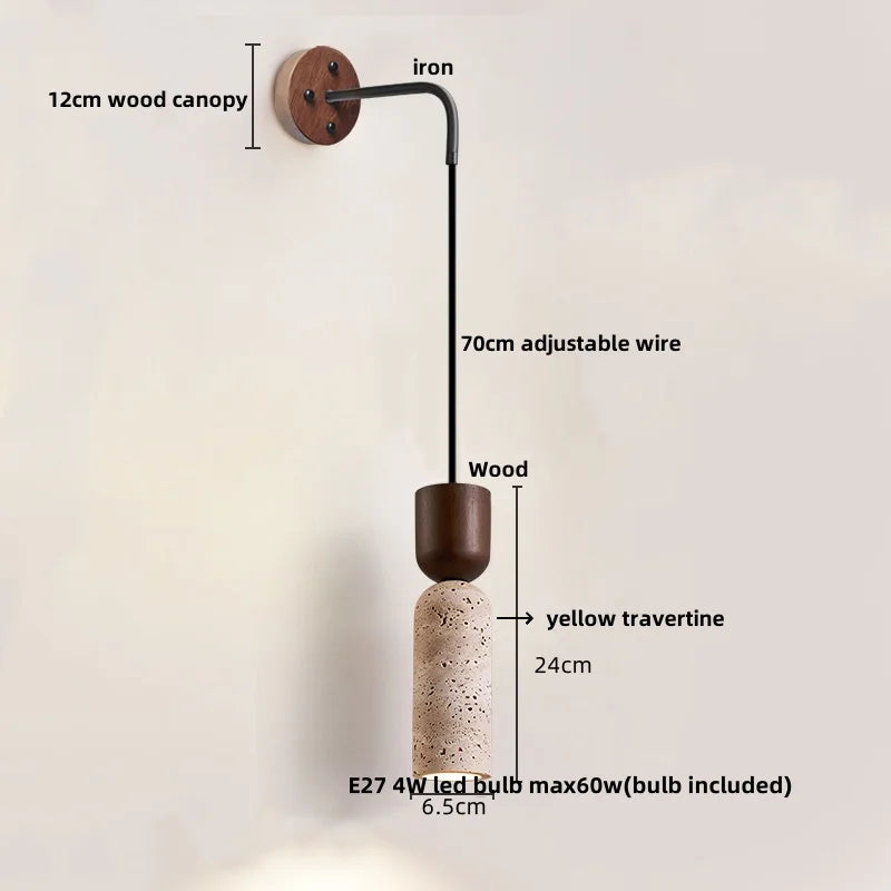 Afralia™ Yellow Travertine Stone Wood Wall Sconce LED Light Fixture, Modern Nordic Design