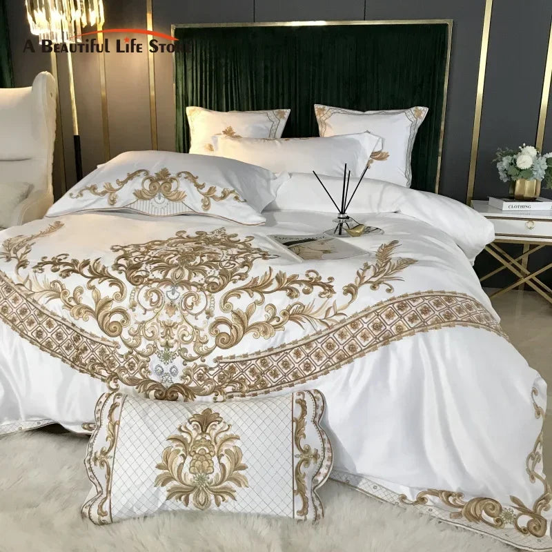 Afralia™ White Satin Cotton Bedding Set with Royal Gold Embroidery