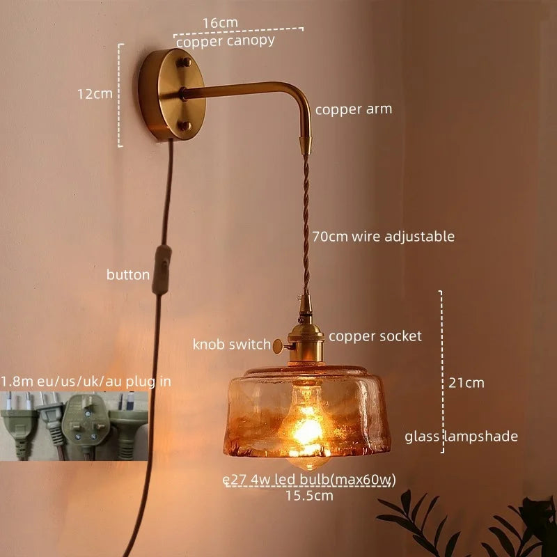 Afralia™ Glass Copper LED Wall Sconce Vintage Style for Bedroom Dining Room Mirror Lighting