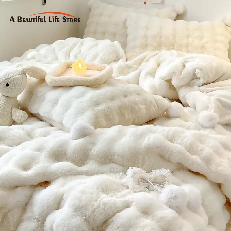 Afralia™ Shaggy Faux Rabbit Fur Bedding Set with Plush Ball Decoration, Duvet Cover, Sheet and Pillowcases