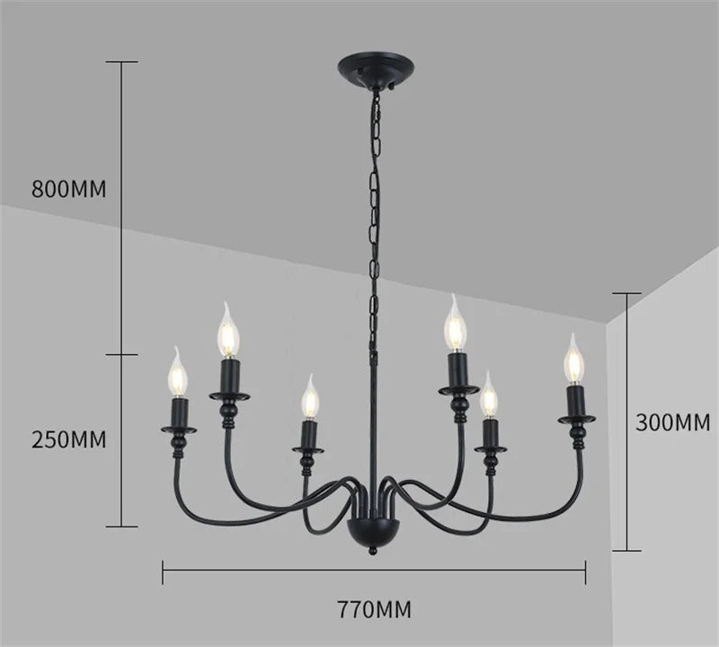 Afralia™ Black Iron Chandelier LED Candle Light Fixture for Home & Hospitality