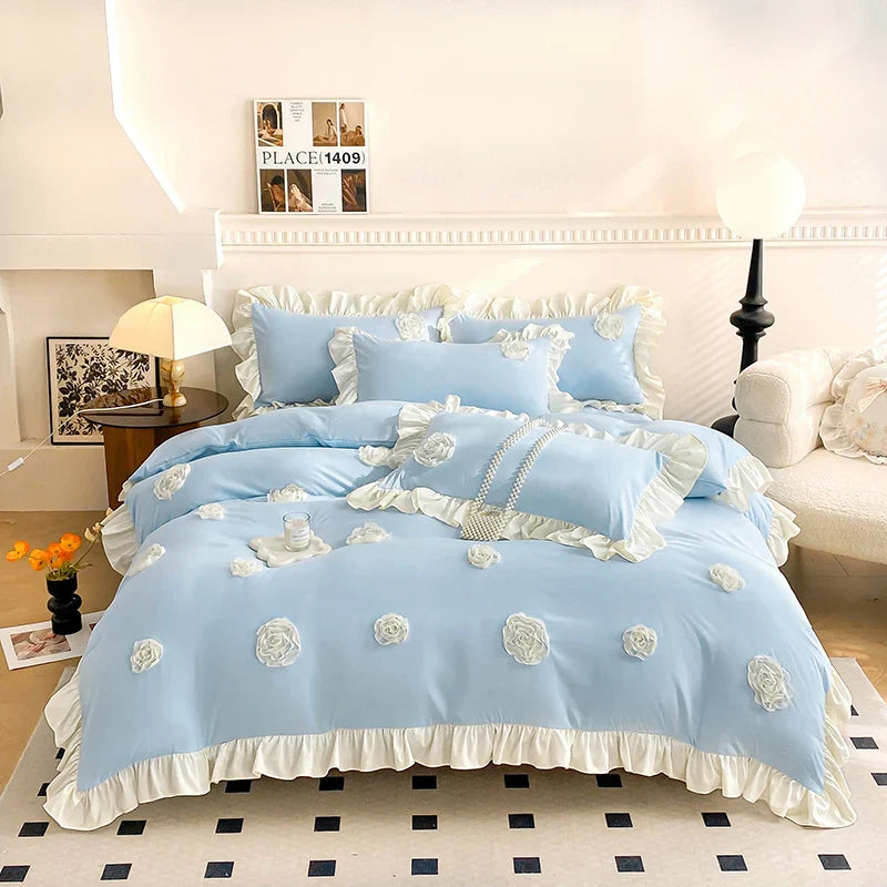 Afralia™ Pink Stereoscopic Bedding Set: Handwork Flowers Embroidery, Ruffle, Korean Style