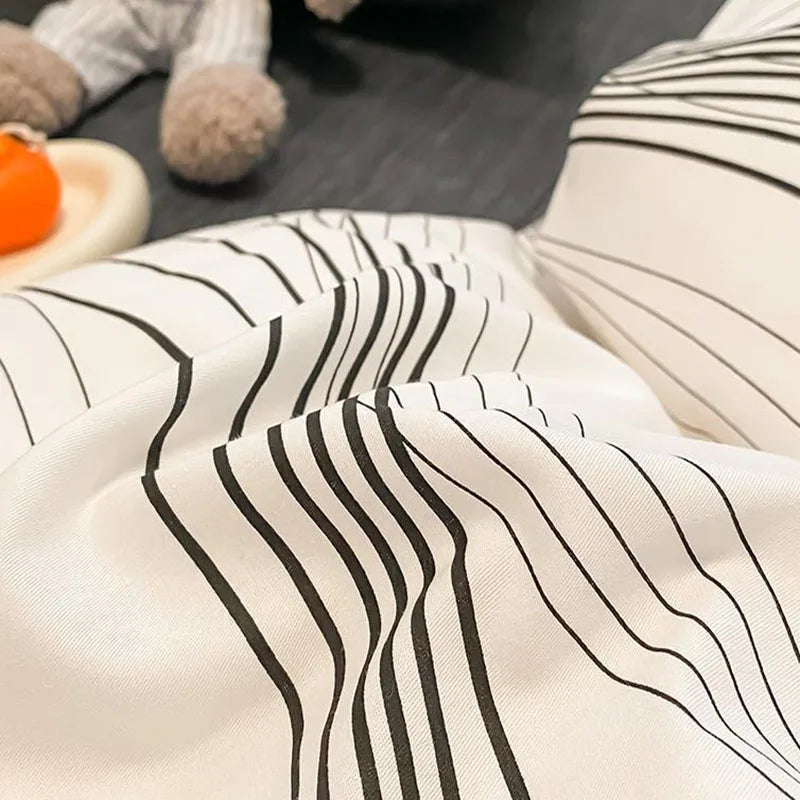 Afralia™ Pure Cotton Striped Bedding Set Duvet Cover Fitted Sheet Kit for Single/Double