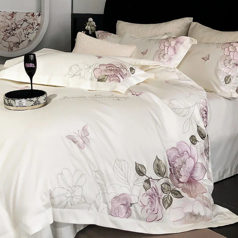 Afralia™ Butterfly Flowers Embroidery 600TC Egyptian Cotton Bedding Set: Duvet Cover, Bed Sheet, Pillowcases