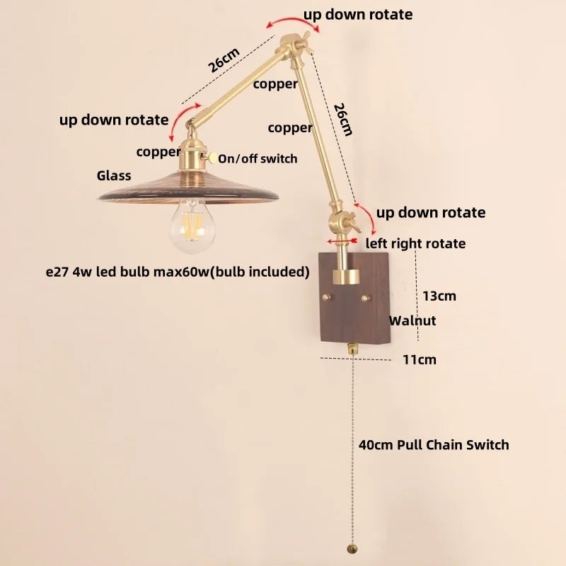 Afralia™ Cube Glass LED Wall Sconce Walnut Wood 2 Arms Rotatable Mirror Light