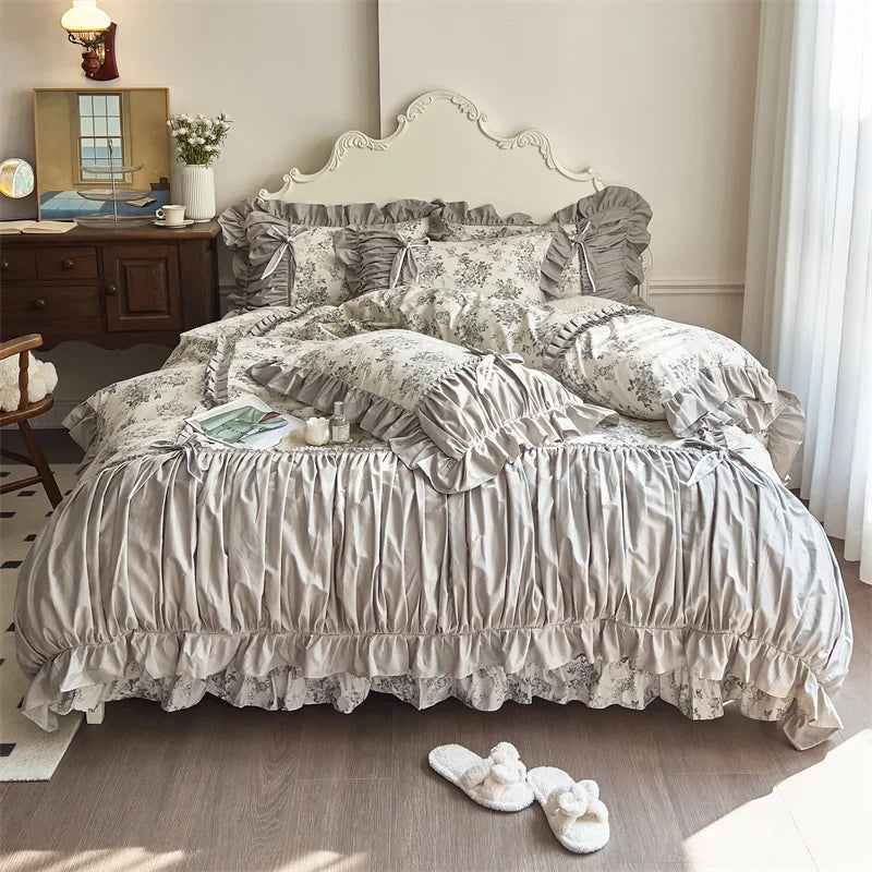Afralia™ French Vintage Flowers Cotton Bedding Set with Lace Ruffles & Pleats