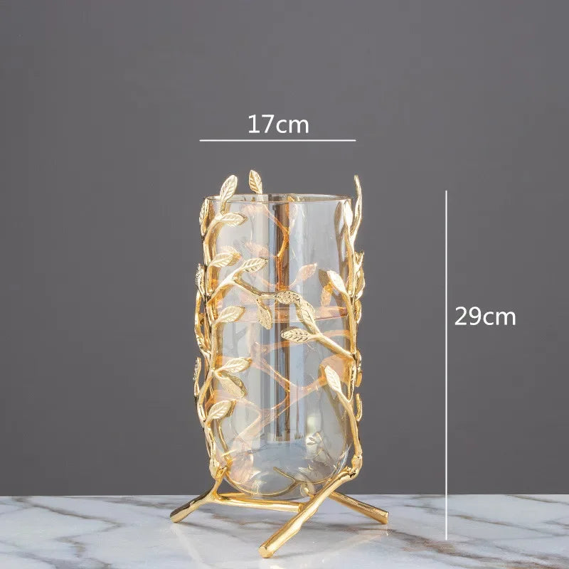 Afralia™ Gold Frame Glass Vase with Rattan Branches for Home Decor & Flower Arrangement