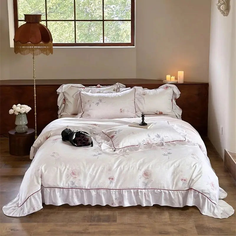 Afralia™ French Rose Flowers Print Bedding Set, Elegant Ruffles Princess Collection