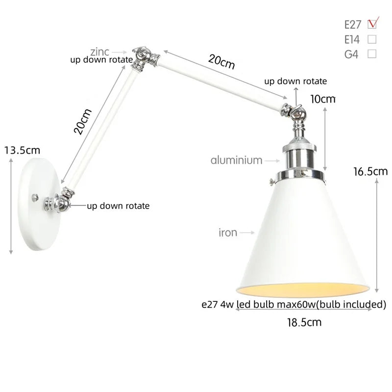 Afralia™ Industrial Lens Vintage Loft LED Wall Lamp with Swing Arms & Pull Chain Switch