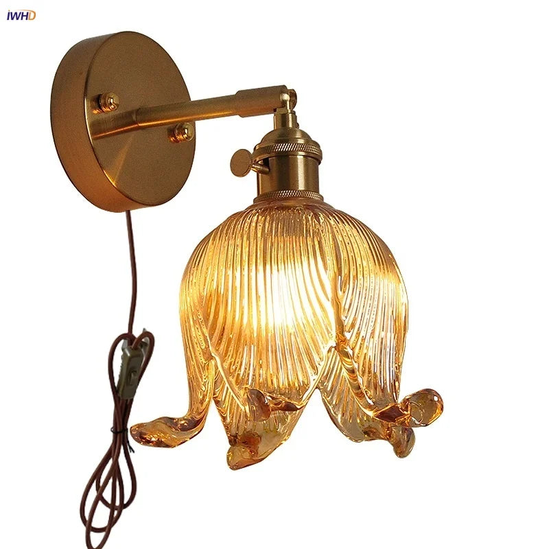 Afralia™ Loft Amber Glass LED Wall Light Fixture with Vintage Knob Switch