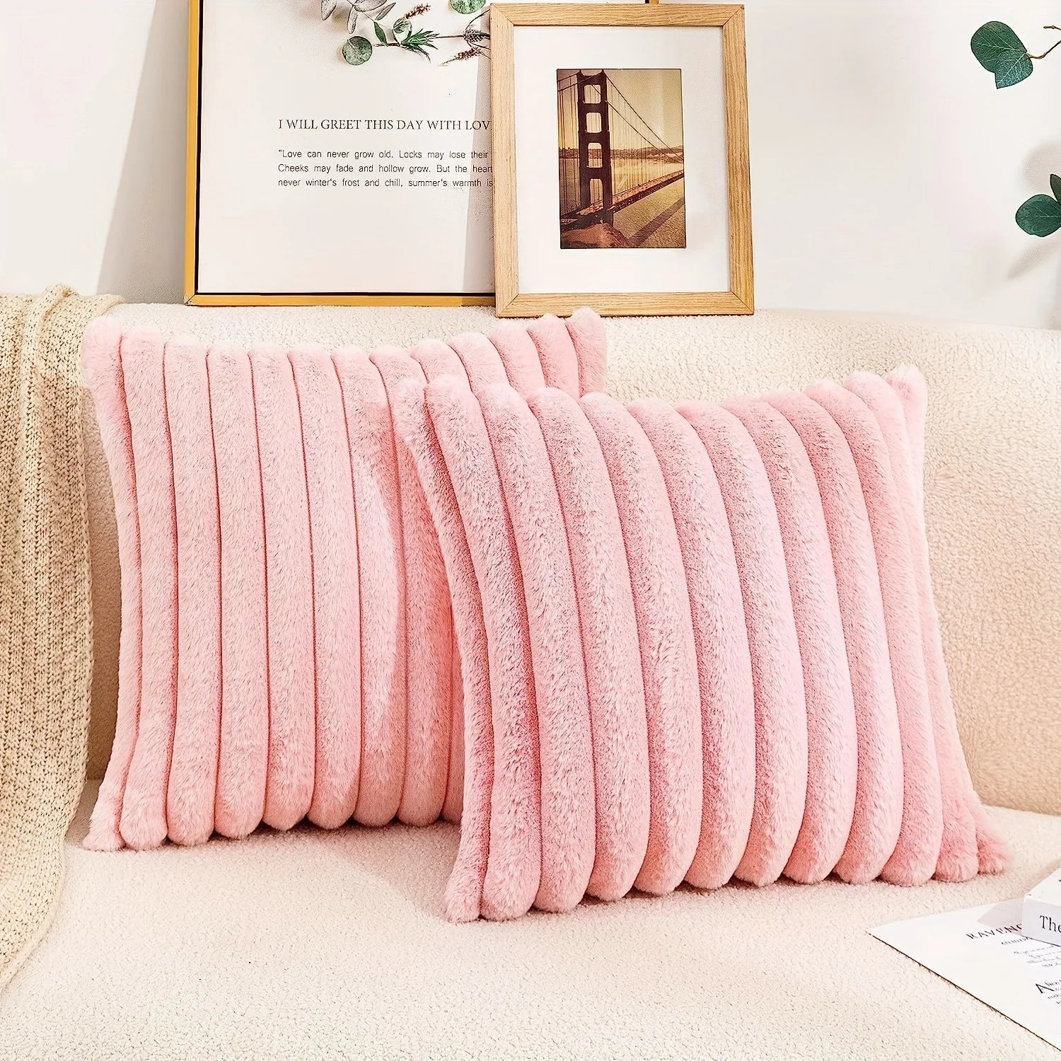 Afralia™ Faux Fur Striped Pink Throw Pillow Cover 18x18in for Home Decor