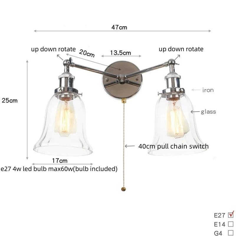 Afralia™ 2 Head LED Wall Lamps Iron Glass Bedroom Stair Light Fixtures