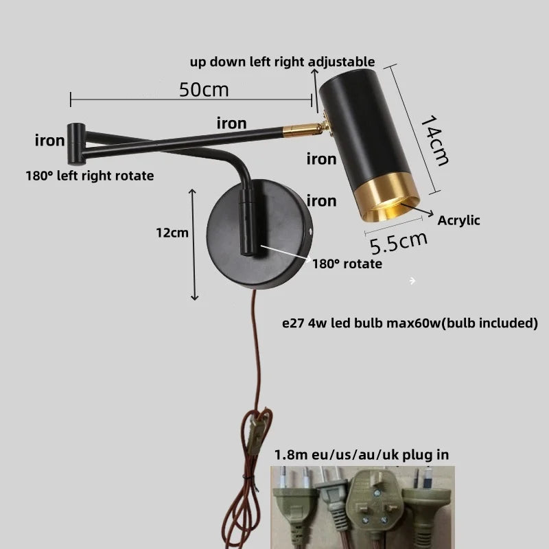 Afralia™ Rotatable LED Wall Sconce Swing Arm Light Fixture for Study and Bedside