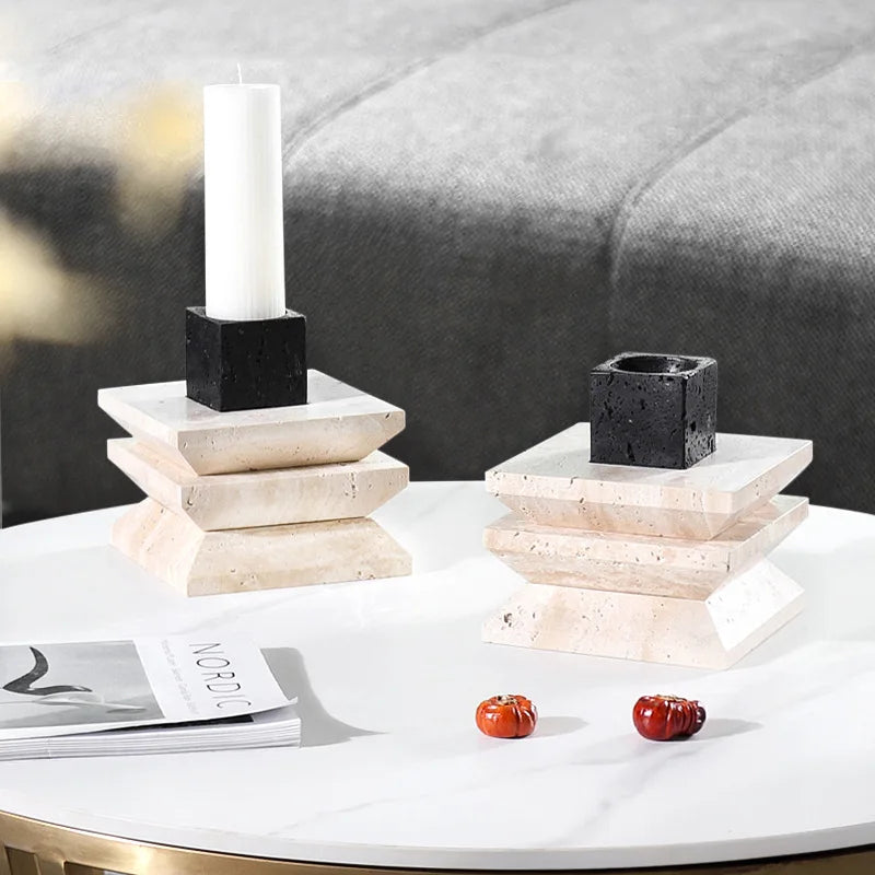 Travertine Marble Candle Holder by Afralia™ - Elegant Table Centerpiece & Home Decor