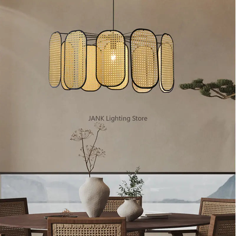 Afralia™ Bamboo Core Rattan Chandelier LED Suspension Lamp for Home Decor Lighting