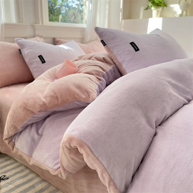 Afralia™ Coral Color Blocked Velvet Single Duvet Cover for Winter