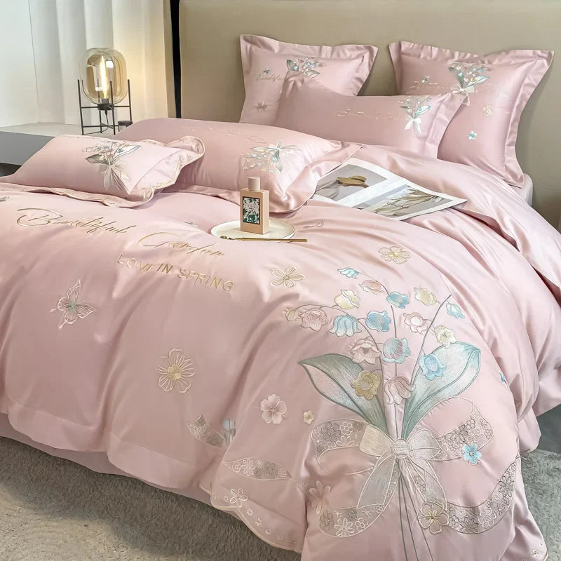 Afralia™ Chic Flowers Embroidery Princess Bedding Set - 100% Egyptian Cotton - Duvet Cover, Sheet, Pillowcases