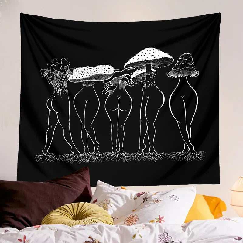 Afralia™ Mushroom Woman Tapestry Wall Hanging Black White Boho Decor Bedroom Aesthetic