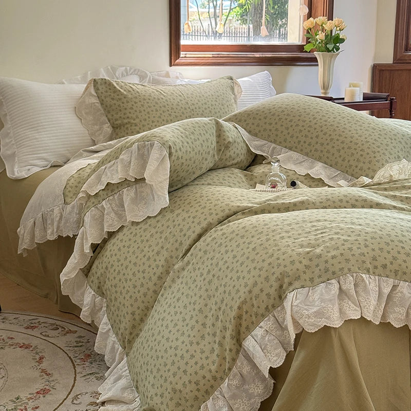 Afralia™ Elegant Floral Lace Ruffles Bedding Set with Double Yarn - Soft Cotton Blend
