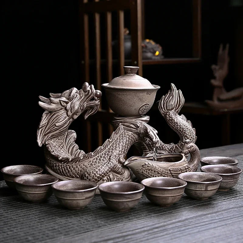Afralia™ Dragon Teapot Set | Semi-Automatic Tea Set | Magnetic Rotating Water-Conducting Tea Set