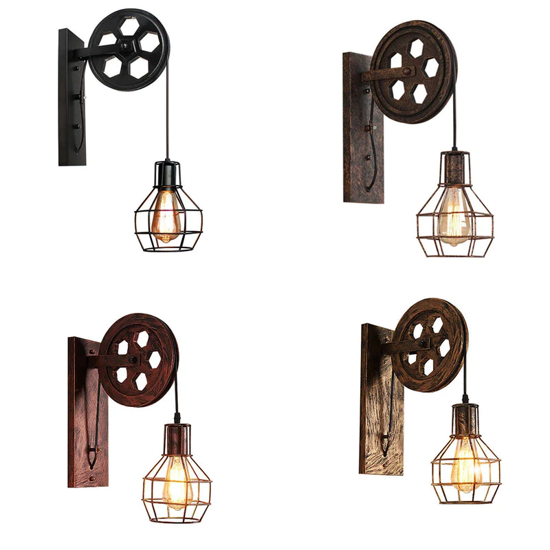 Afralia™ Rustic Retro Metal Wall Sconce Light Fixture Pulley Lifting Indoor Lamp