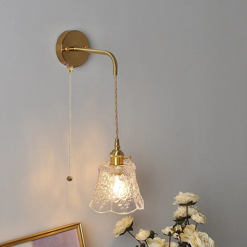 Afralia™ Modern Clear Glass LED Wall Light with Pull Chain Switch, Adjustable Wire & Copper Wall Lamps
