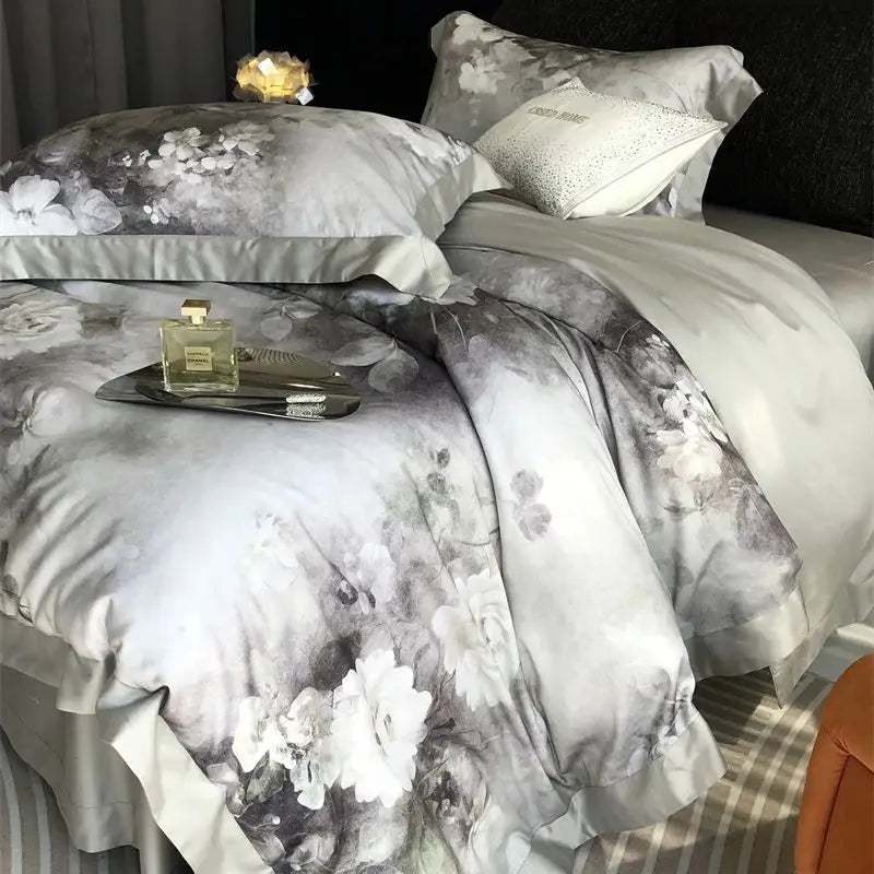 Afralia™ Flowers Pattern Brushed Bedding Set: Duvet Cover, Bed Sheet, Fitted Sheet, Pillowcase 4Pcs