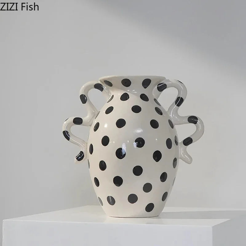 Afralia™ Black Polka Dot Ceramic Vase for Table Flower Arrangement and Room Decor