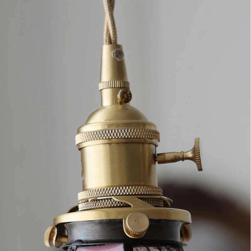 Afralia™ Tiffany Glass LED Pendant Lamp Walnut Knob Switch Vintage Hanging Light